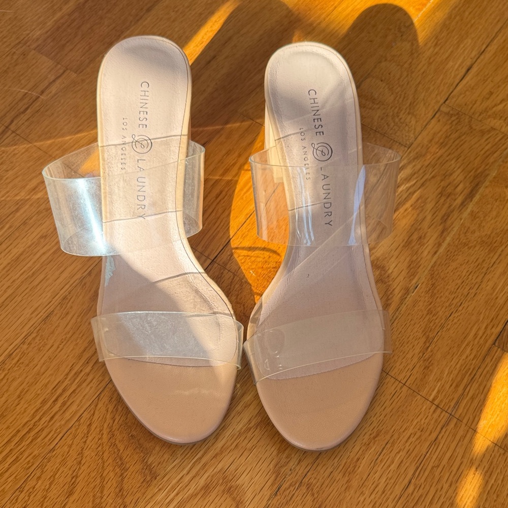 Chinese Laundry Clear Double-Strap Mules in Nude